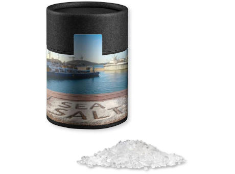 Product image Meersalz, ca. 135g, Kraftpapierdose Midi schwarz Werbeartikel