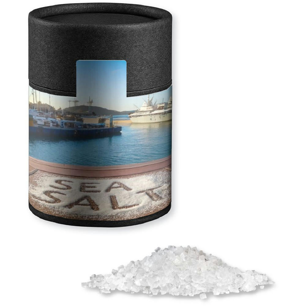 Product image Meersalz, ca. 135g, Kraftpapierdose Midi schwarz Werbeartikel