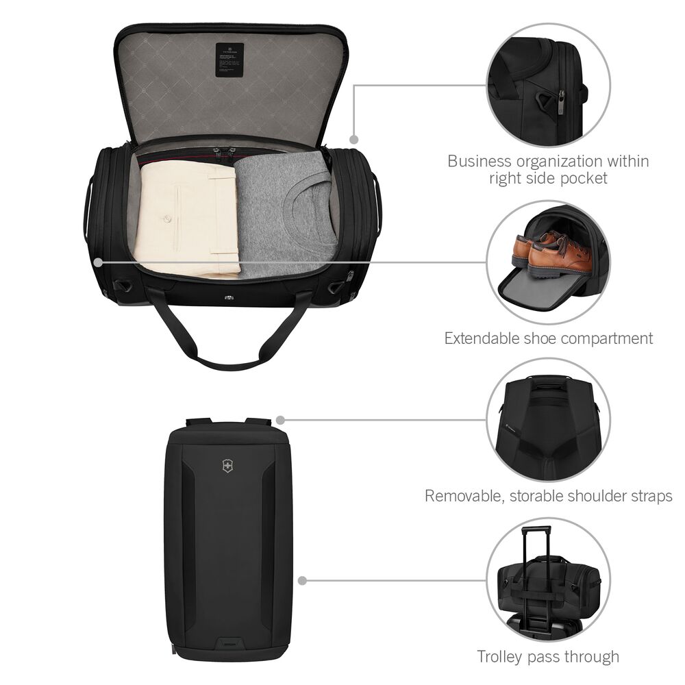 Victorinox Altmont Modern 2-Way Bag Infografik mit Detailansichten, hochwertige Business Tasche mit Laptopfach, Organizer, robusten Reißverschlüssen und funktionalen Ausstattungsmerkmalen.