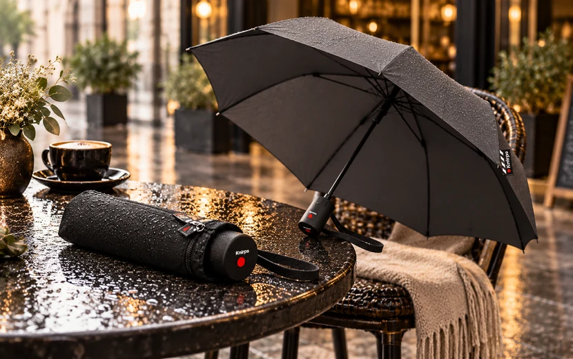 Knirps Taschenschirm geöffnet und kompakt zusammengefaltet in einer stilvollen Café-Szene bei Regen.