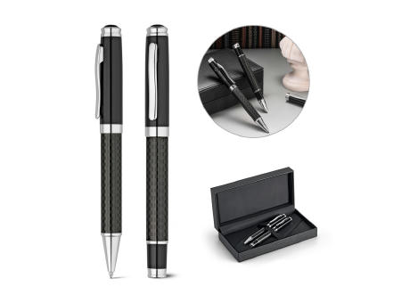 CHESS. Schreibset mit Tintenroller und Kugelschreiber aus Metall und Carbonfaser mit Drehmechanik Werbeartikel