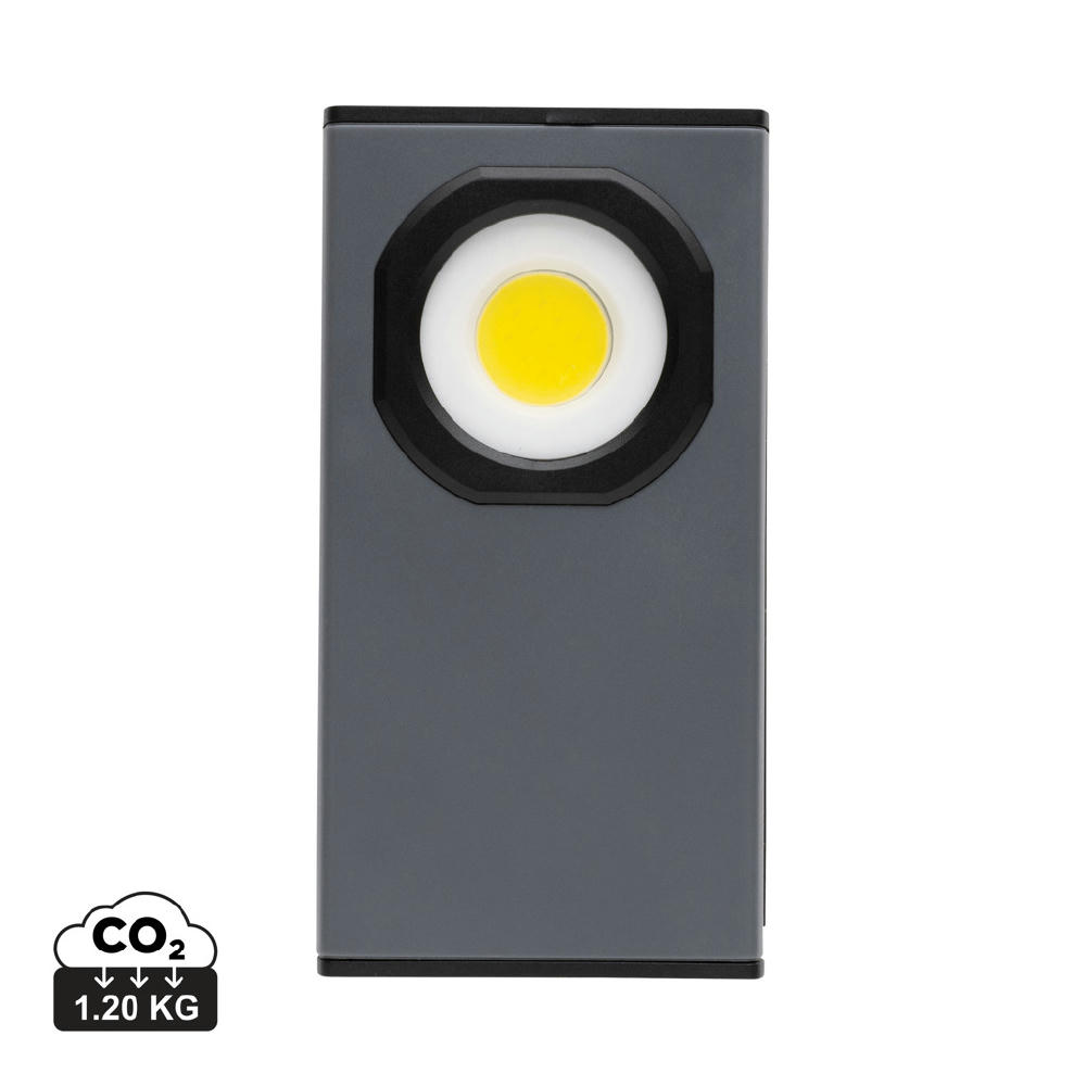 Graue USB-Taschenlampe mit runder COB-Leuchte im flachen Gehäuse – Taschenlampe zum Bedrucken