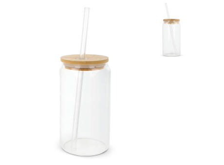 Glas mit Bambusdeckel &amp; Strohhalm 450ml Werbeartikel
