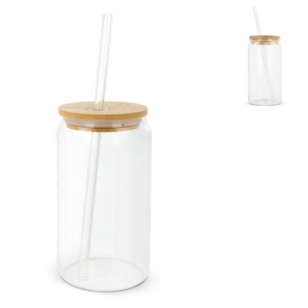 Product image Glas mit Bambusdeckel & Strohhalm 450ml Werbeartikel
