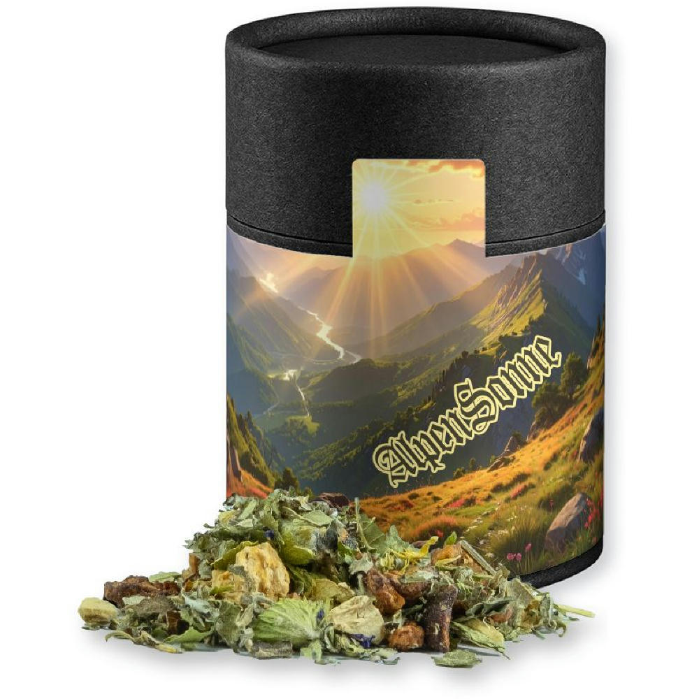 Kräutertee Bergtee & Zitrus, ca. 27g, Kraftpapierdose Midi schwarz Werbeartikel