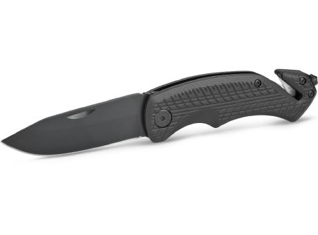 RICHARTZ PURA rescue black: schwarzes Rettungsmesser in der Schrägansicht – Taschenmesser mit Gravur Ihres Logos
