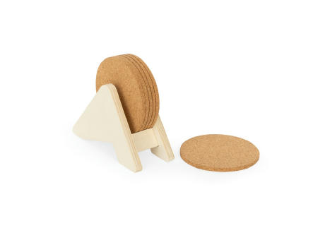 PLYCORK. Sperrholzständer mit 6 Korkuntersetzern Werbeartikel