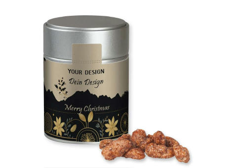 Product image Feuergebrannte Mandeln, ca. 100g, Metalldose Midi silber bedrucken