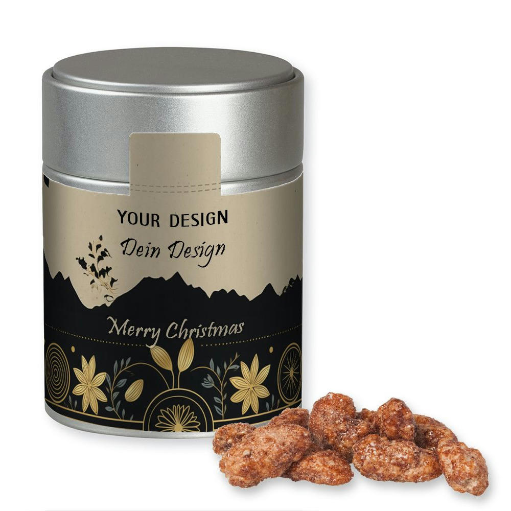 Product image Feuergebrannte Mandeln, ca. 100g, Metalldose Midi silber Werbeartikel