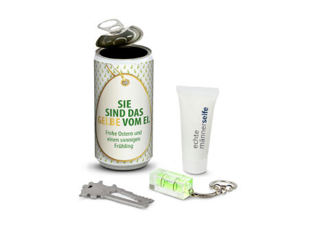 Geschenkset / Präsenteset: Männer-Geheimnis Ostern, das Nest in der Dose - Etikett Frohe Ostern - EierWiese Werbeartikel