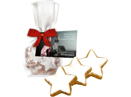 Product image Zimtsterne, ca. 50g, Express Standbeutel Mini mit Schleife mit Werbekarte bedrucken