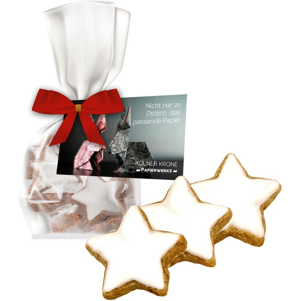 Product image Zimtsterne, ca. 50g, Express Standbeutel Mini mit Schleife mit Werbekarte Werbeartikel