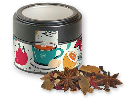 Product image Glühweingewürz grob, ca. 30g, Metalldose Mini mit Sichtfenster schwarz Werbeartikel