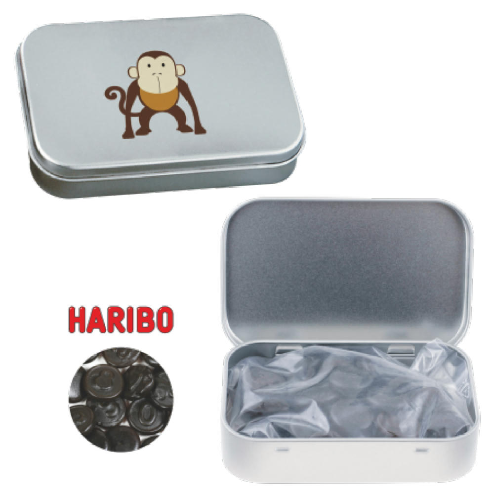 Product image Blechdose mit Scharnier mit ca. 60 gr. Lakritz Geld Werbeartikel