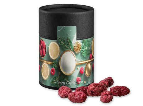 Product image Gebrannte Mandeln Himbeere, ca. 80g, Kraftpapierdose Midi schwarz bedrucken
