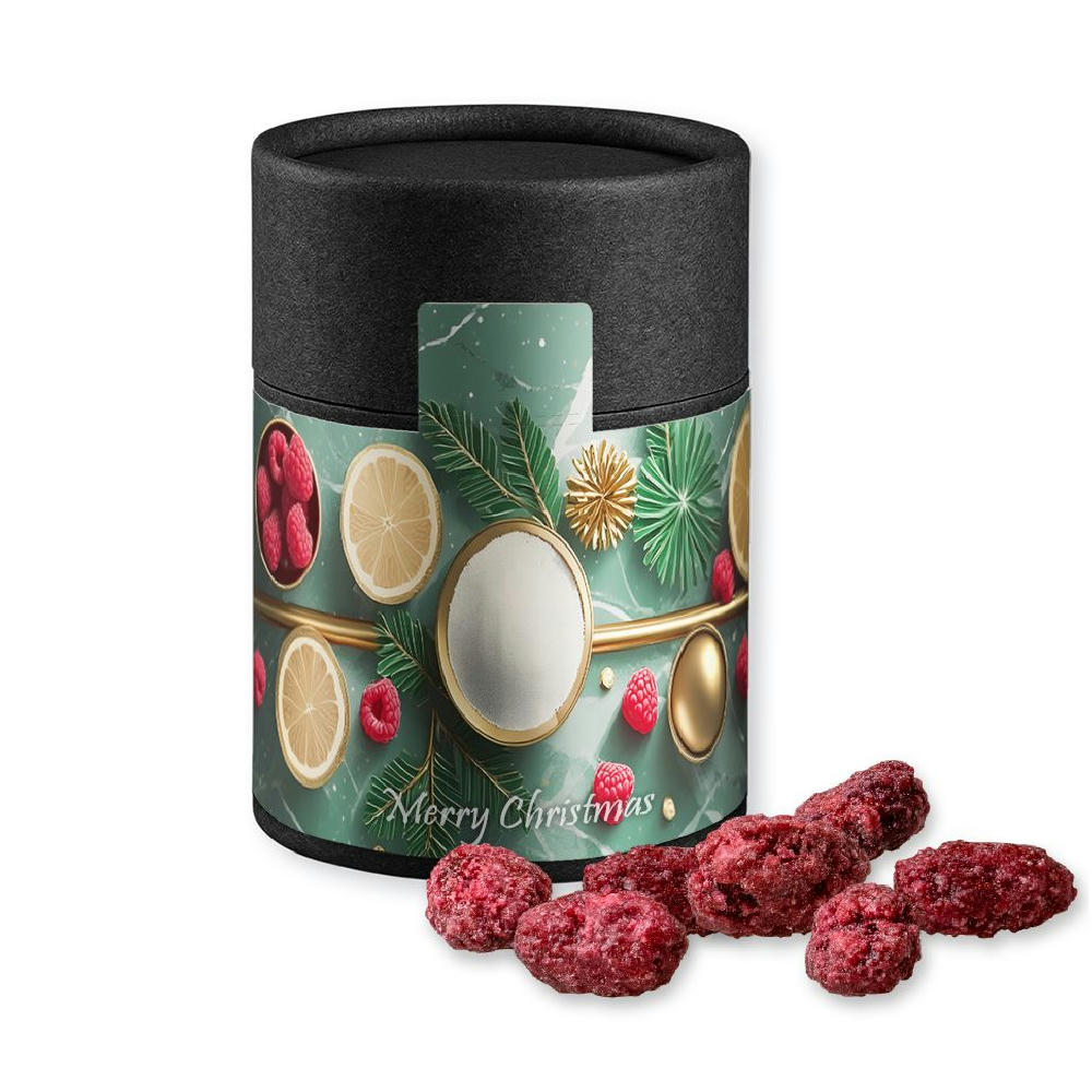Product image Gebrannte Mandeln Himbeere, ca. 80g, Kraftpapierdose Midi schwarz Werbeartikel
