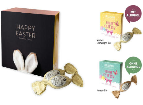 Heilemann Frohe Ostern Schokoeier,   72 g, Inhalt: Marc de Champagne-Eier Werbeartikel