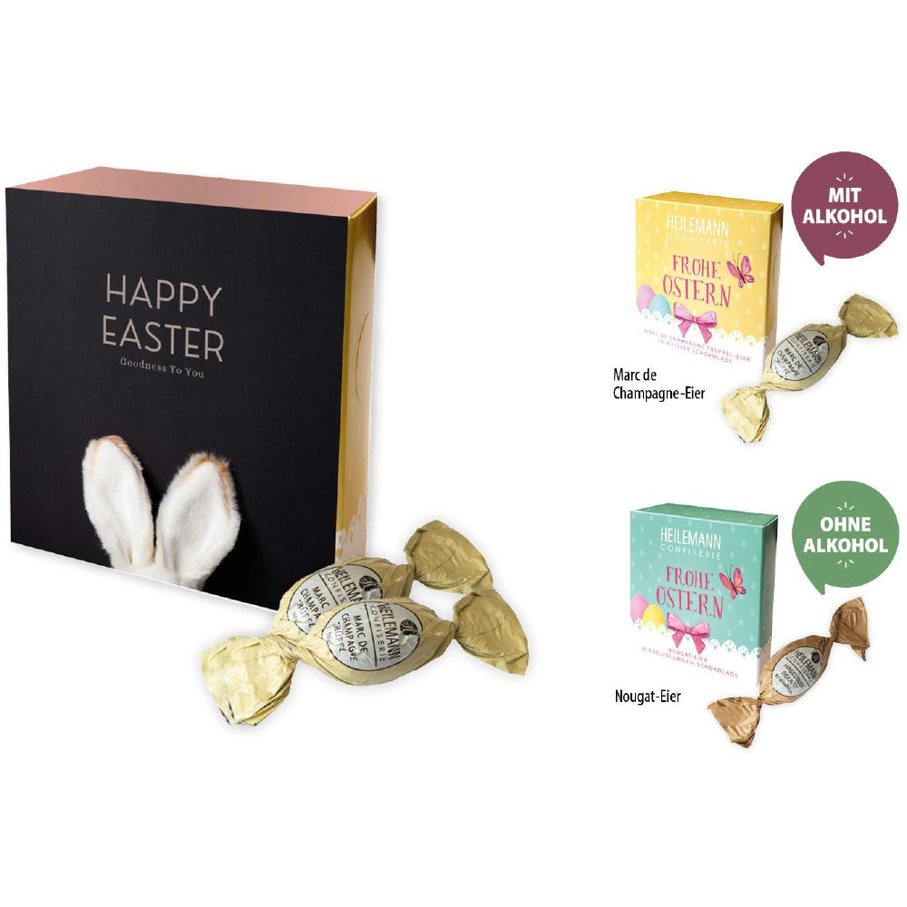 Product image Heilemann Frohe Ostern Schokoeier, 72 g, Inhalt: Marc de Champagne-Eier Werbeartikel
