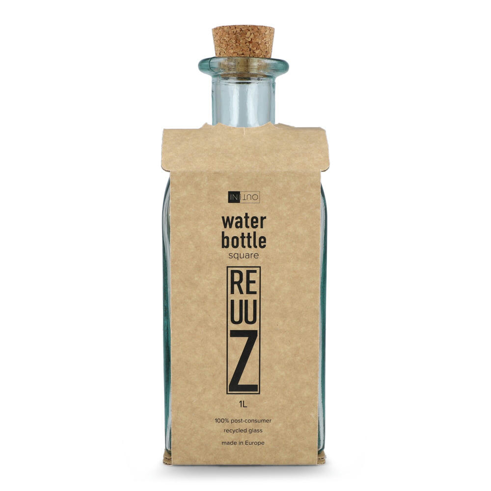 InSideOut Square Recycelte Glaswasserflasche ReuuZ mit Korkverschluss 1 l Werbeartikel