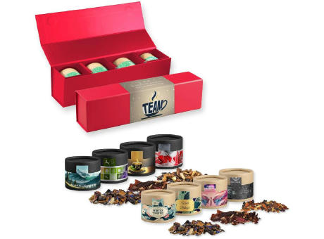 Product image Verschiedene Weihnachts Teesorten, , ca. 80-120g, Geschenk-Set Premium rot mit Magnetverschluss und 4 Kraftpapierdosen Mini Werbeartikel