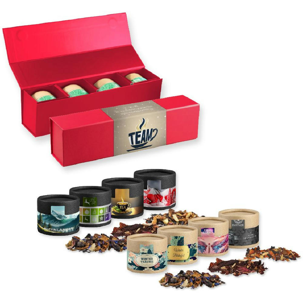 Product image Verschiedene Weihnachts Teesorten, , ca. 80-120g, Geschenk-Set Premium rot mit Magnetverschluss und 4 Kraftpapierdosen Mini Werbeartikel