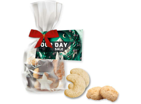 Product image Weihnachtsgebäck Mischung, ca. 115g, Express Standbeutel Midi mit Schleife mit Werbekarte bedrucken