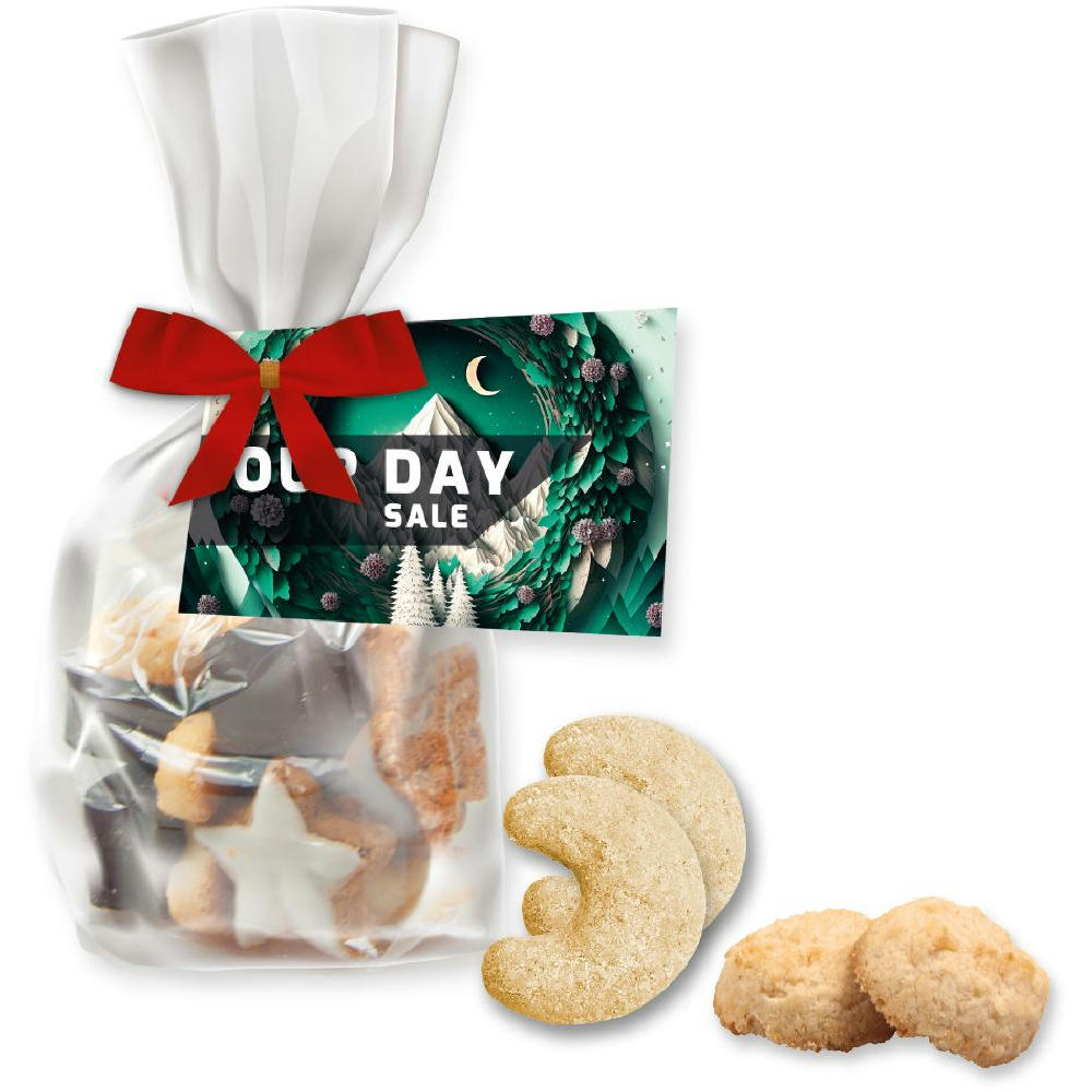Product image Weihnachtsgebäck Mischung, ca. 115g, Express Standbeutel Midi mit Schleife mit Werbekarte Werbeartikel
