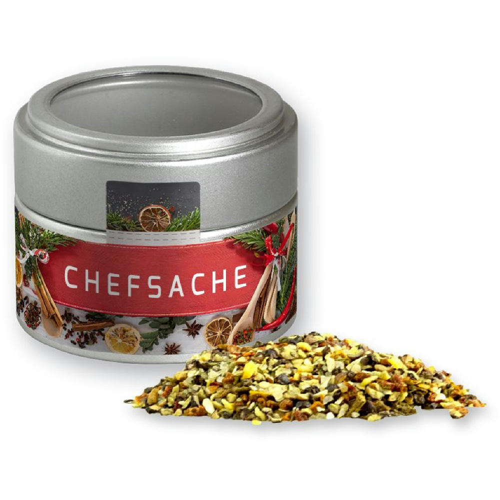 Weihnachts Gewürzmischung Chefsache, ca. 50g, Metalldose Mini mit Sichtfenster silber Werbeartikel