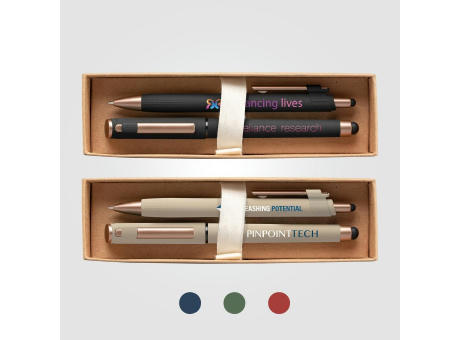 York Kugelschreiber-Geschenkset mit bronzefarbenen Akzenten aus recyceltem Kunststoff inkl. verzierter Geschenkbox bedrucken