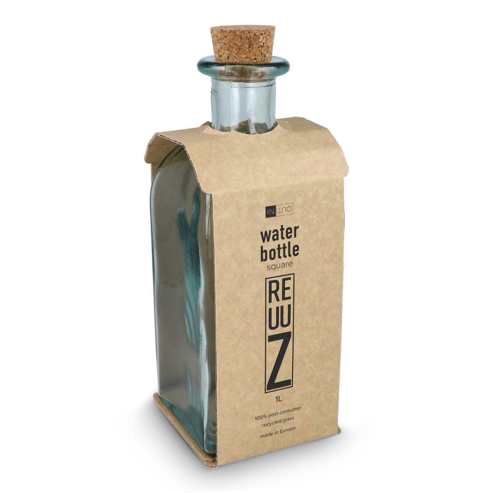 InSideOut Square Recycelte Glaswasserflasche ReuuZ mit Korkverschluss 1 l Werbeartikel