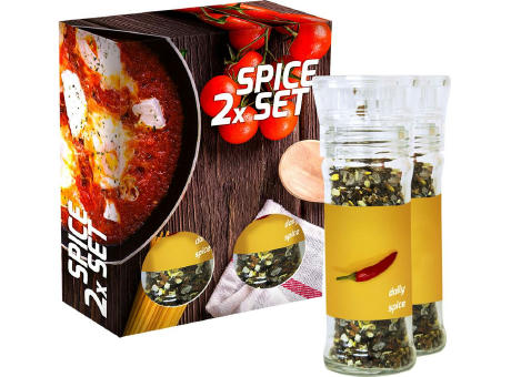 Product image verschiedene Gewürzmischungen (Kategorie 3), 70-160g, 2er Set Glas mit Kunststoffmahlwerk in Faltschachtel Werbeartikel
