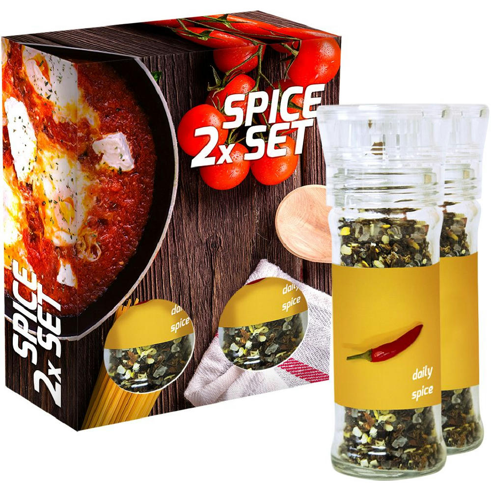 Product image verschiedene Gewürzmischungen (Kategorie 3), 70-160g, 2er Set Glas mit Kunststoffmahlwerk in Faltschachtel Werbeartikel