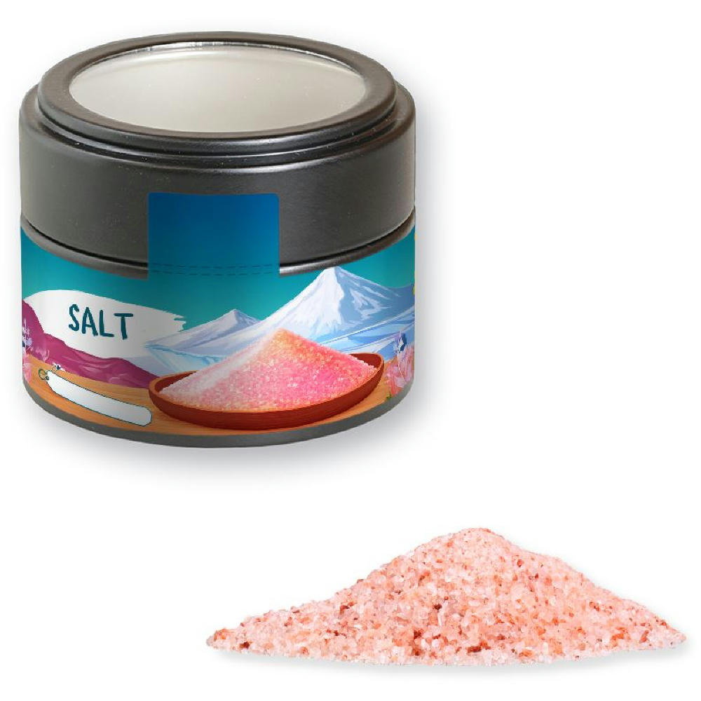 Product image Rosa Kristallsalz, ca. 110g, Metalldose Mini mit Sichtfenster schwarz Werbeartikel