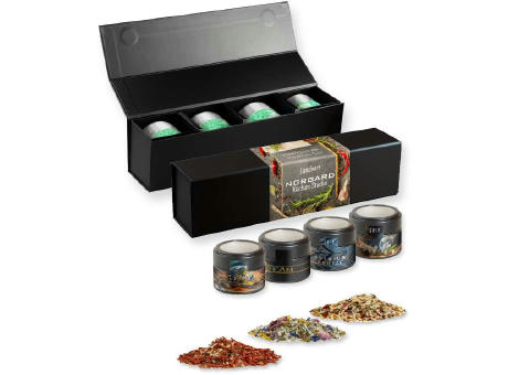 Product image verschiedene Gewürzmischungen (Kategorie 2), ca. 64-260g, Geschenk-Set Premium schwarz mit Magnetverschluss und 4 Metalldosen Mini mit Sichtfenster Werbeartikel