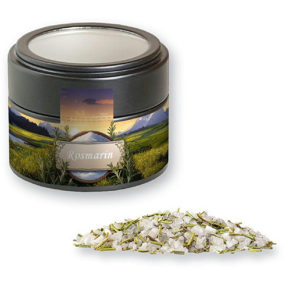 Product image Gewürzmischung Rosmarin-Salz, ca. 75g, Metalldose Mini mit Sichtfenster schwarz Werbeartikel