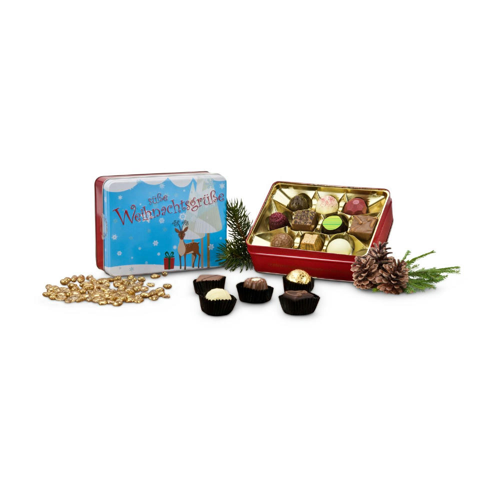 Product image Geschenkartikel / Präsentartikel: Süße Weihnachtsgrüße - Pralinendose mit 125 g Werbeartikel