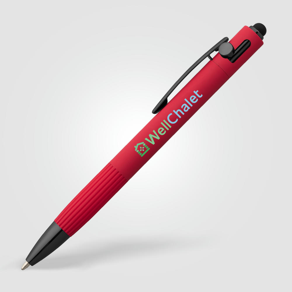 Saga Kugelschreiber mit Druckmechanismus und Stylus aus recyceltem Aluminium Werbeartikel