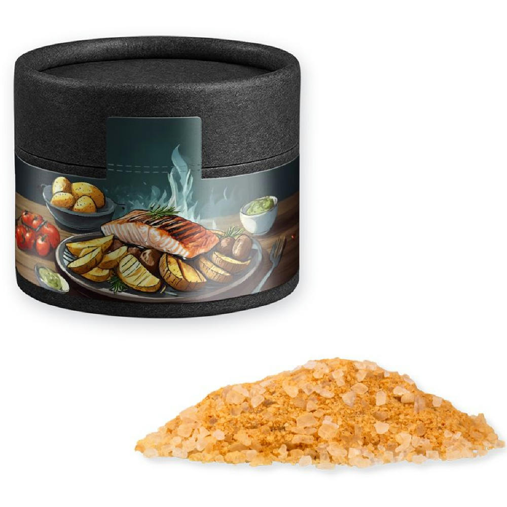 Gewürzmischung Rauch-Salz grob, ca. 75g, Kraftpapierdose Mini schwarz Werbeartikel