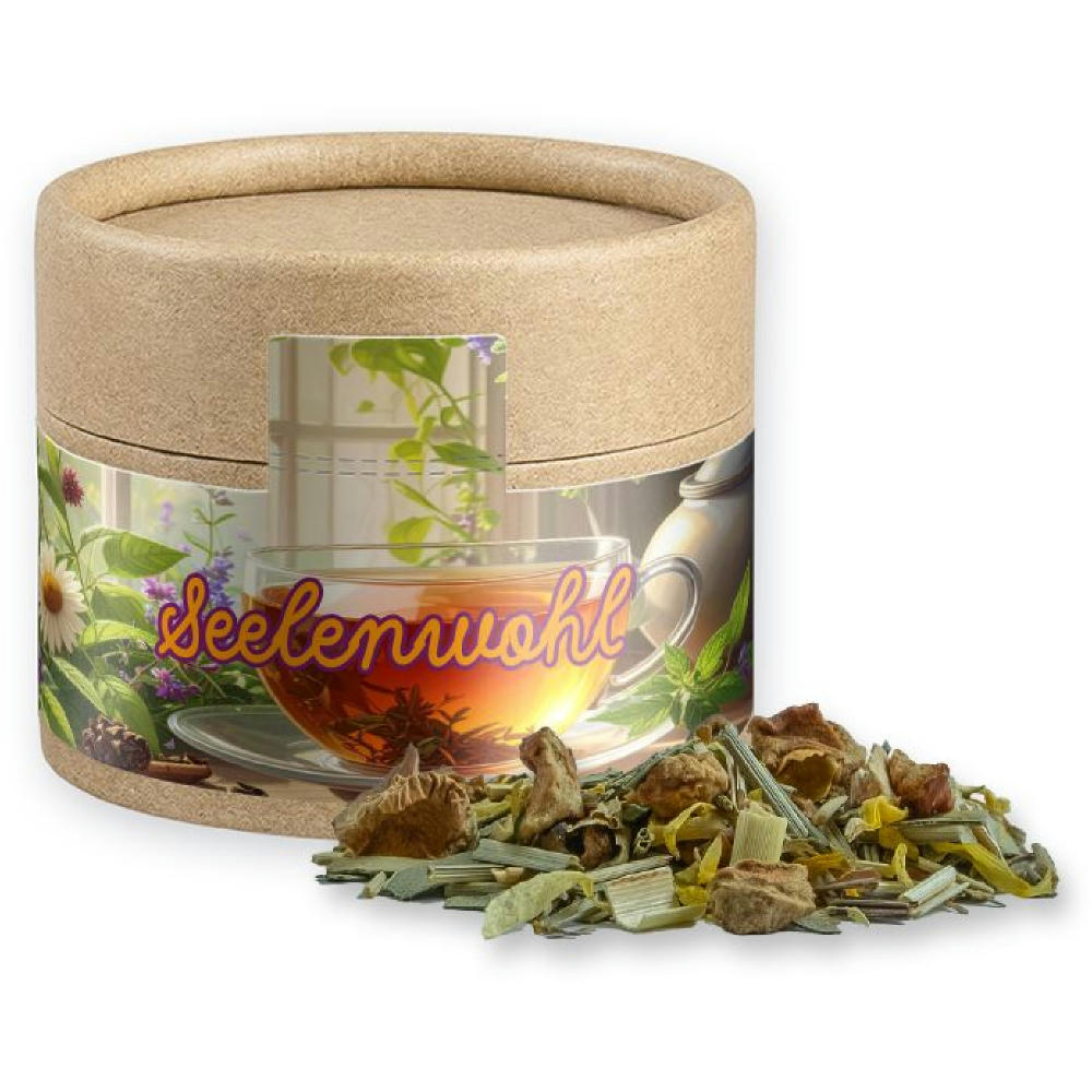 Kräutertee Seelenwohl, ca. 11g, Kraftpapierdose Mini Werbeartikel