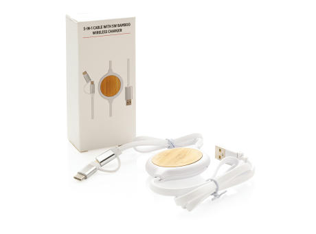 3-in-1 Kabel mit 5W Bambus Wireless Charger Werbeartikel
