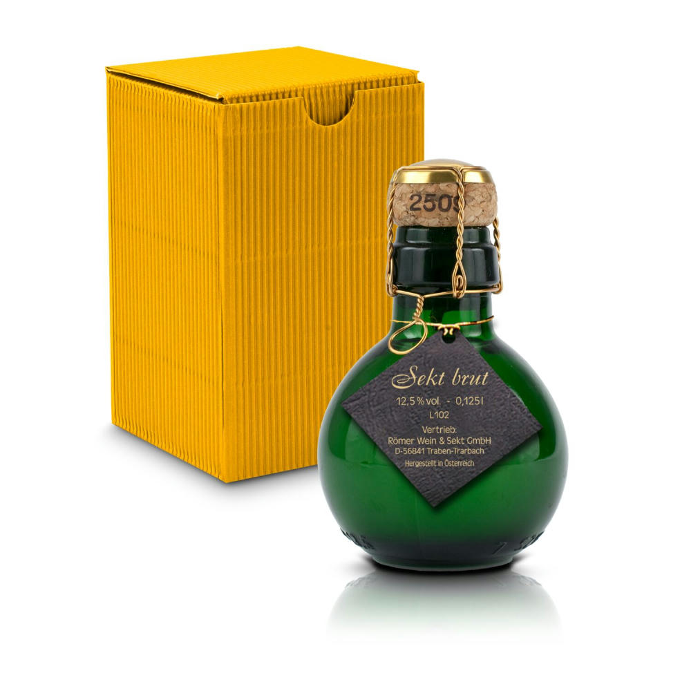 Product image Kleinste Sektflasche der Welt! schwarzer Anhänger - Inklusive Geschenkkarton in Gelb, 125 ml Werbeartikel