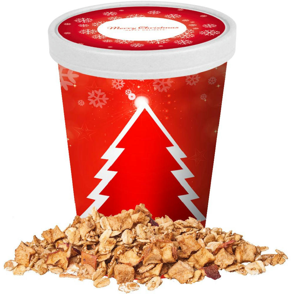 Product image Crunchy Weihnachtsmüsli Apfel-Zimt, ca. 60g, Snackbecher Maxi Werbeartikel