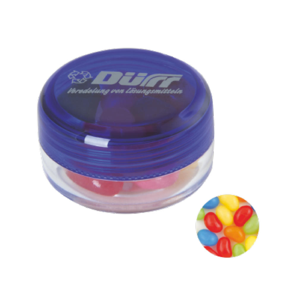 Runde Plastikdose mit farbigem Deckel gefüllt mit ca. 12 gr. Jelly Beans TAMPONDRUCK Werbeartikel