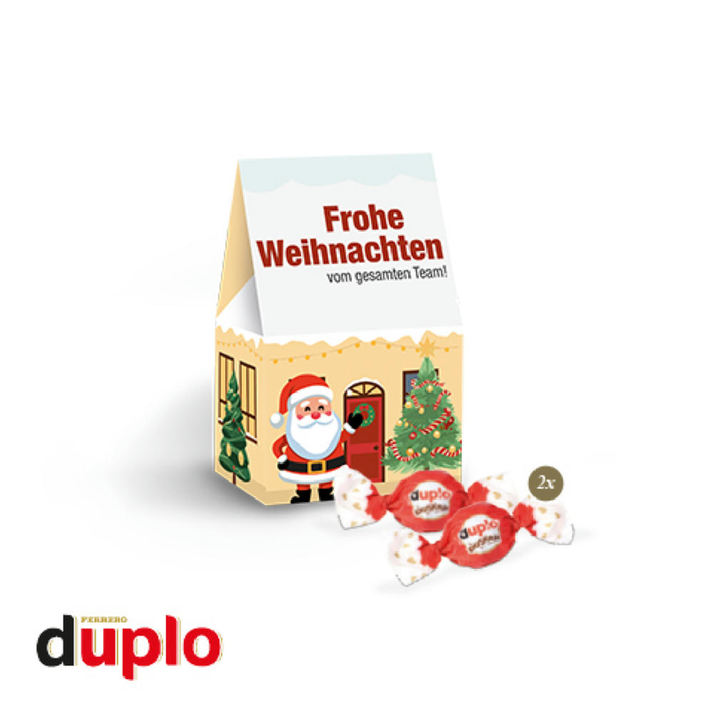 Product image Präsent Christmas Minis Werbekartonage bedruckt mit Firmenlogo, gefüllt mit 2 Stück duplo Knusperlen