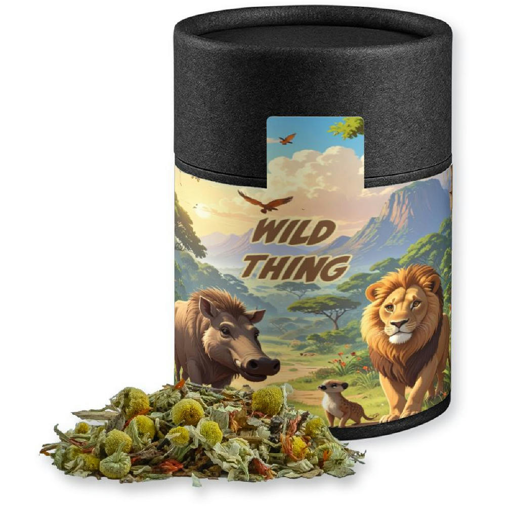 Rotbuschtee Entspannungszeit, ca. 40g, Kraftpapierdose Midi schwarz Werbeartikel