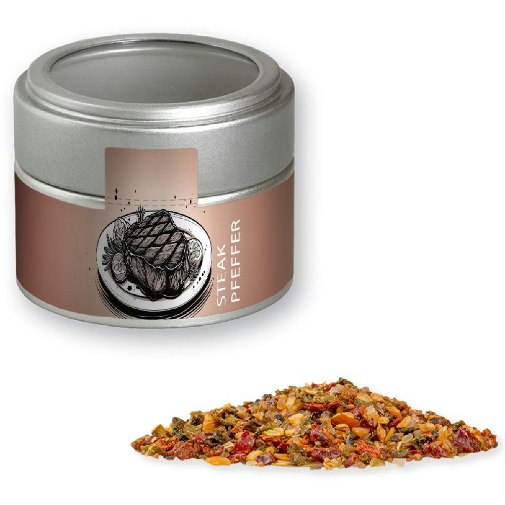 Product image Gewürzmischung Steak Pfeffer, ca. 60g, Metalldose Mini mit Sichtfenster silber Werbeartikel