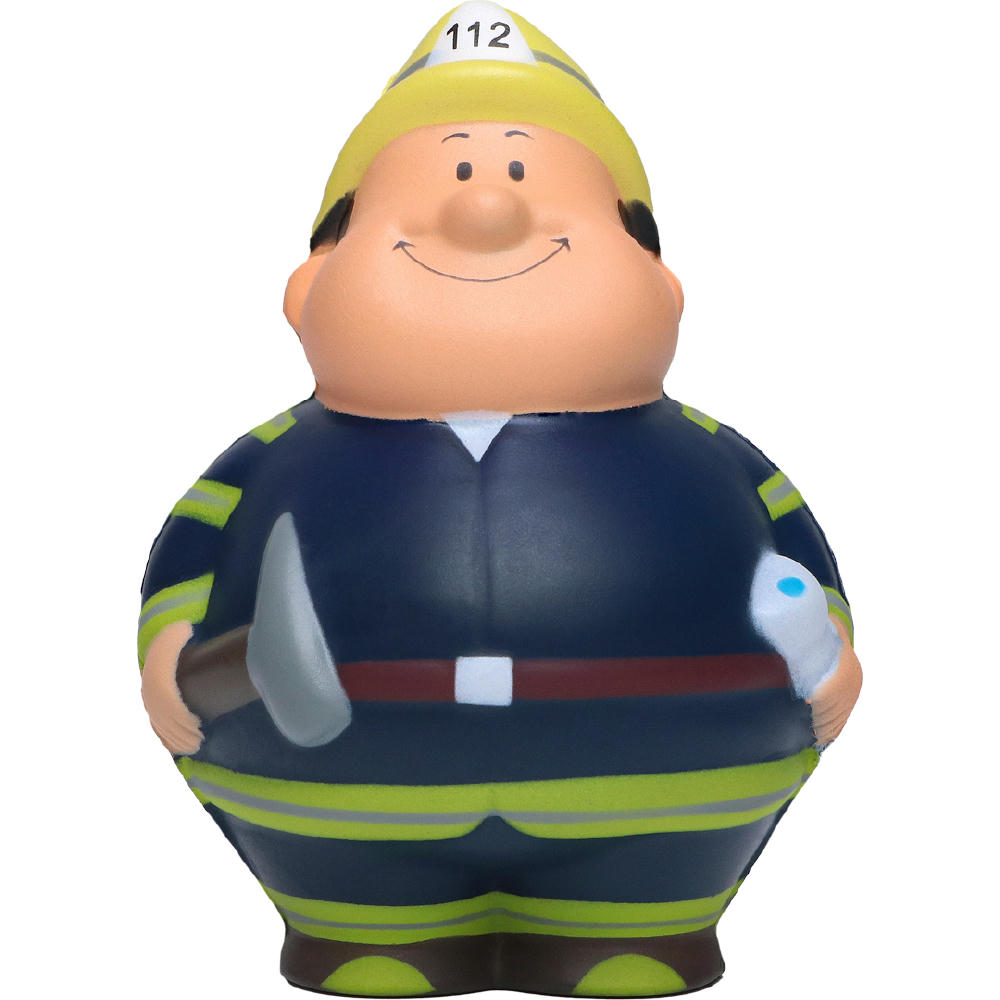 Feuer Bert mit 112-Helm, Einsatzjacke, Axt und Schlauch – Anti-Stress-Figur mit Logo für Feuerwehren