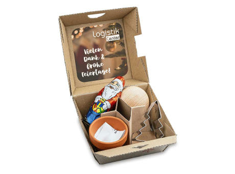 Product image Geschenk-Set Xmas - V6 - Tontöpfchen mit Fichtensamen, Schoko-Nikolaus, Backförmchen Tannenbaum, Handschmeichler Werbeartikel