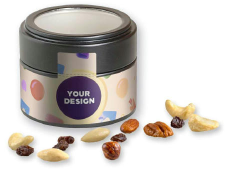 Product image Studentenfutter, ca. 60g, Metalldose Mini mit Sichtfenster schwarz Werbeartikel