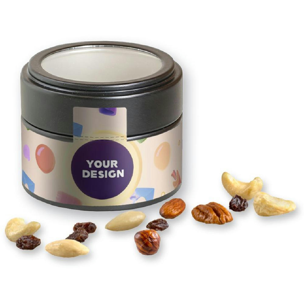 Product image Studentenfutter, ca. 60g, Metalldose Mini mit Sichtfenster schwarz Werbeartikel